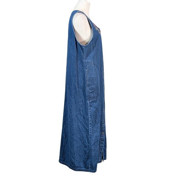 Vintage White Stag Embroidered Floral Denim Maxi Dress Button Front Medium 90s - Picture 3 of 6